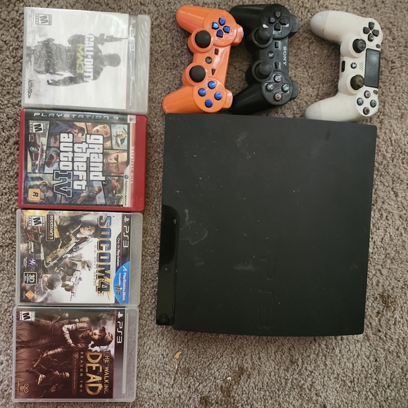 Sony PlayStation 3 Console with Black, Orange, Blue, White Controllers - Picture 1 of 1